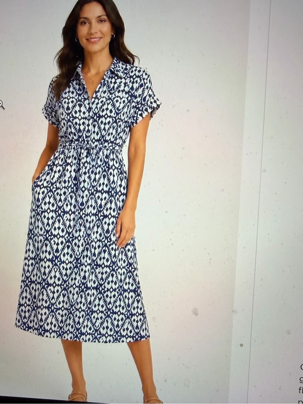 Classic Navy & White Printed Shirt Dress with Drawstring Waist - NWT -Size L